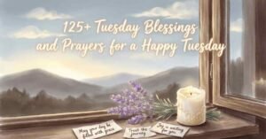 Peaceful Tuesday blessings image featuring a sunrise over mountains, a lit candle, lavender flowers, and inspirational prayer messages by a window with the text '125+ Tuesday Blessings and Prayers for a Happy Tuesday'.