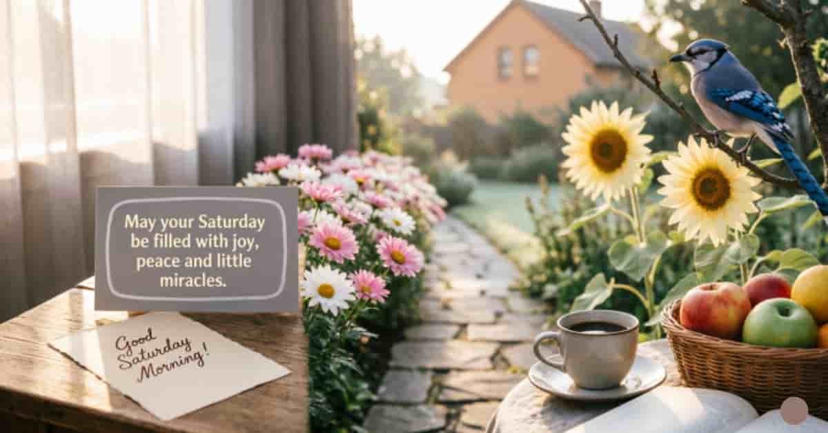 Good Saturday morning blessings image with colorful flowers, sunflowers, a blue bird, coffee, fresh fruit, and a peaceful garden path.