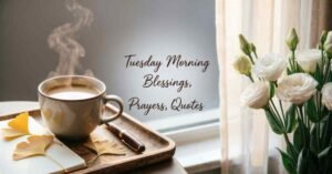 Tuesday morning blessings, prayers, and quotes displayed beside a steaming cup of coffee, an open book, and white flowers by a sunlit window.