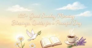 135+ Good Sunday Morning Blessings, Quotes for a Peaceful Day with a white dove, daisies, an open book, and a steaming coffee cup.