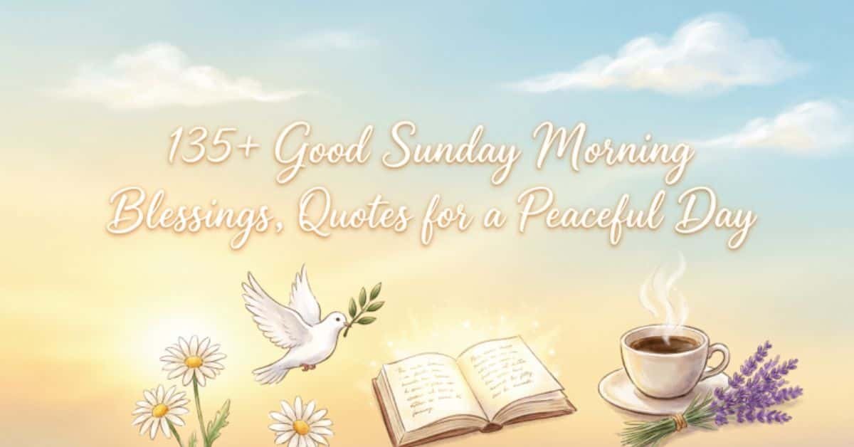 135+ Good Sunday Morning Blessings, Quotes for a Peaceful Day with a white dove, daisies, an open book, and a steaming coffee cup.