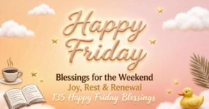 Happy Friday blessings image with the words “Blessings for the Weekend, Joy, Rest & Renewal,” featuring a steaming coffee cup, open book, stars, clouds, and a yellow duck.