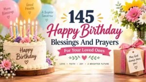 145 Happy Birthday Blessings and Prayers for Your Loved Ones with a birthday cake, colorful candles, flowers, balloons, and a gift decorated with a blessing message.