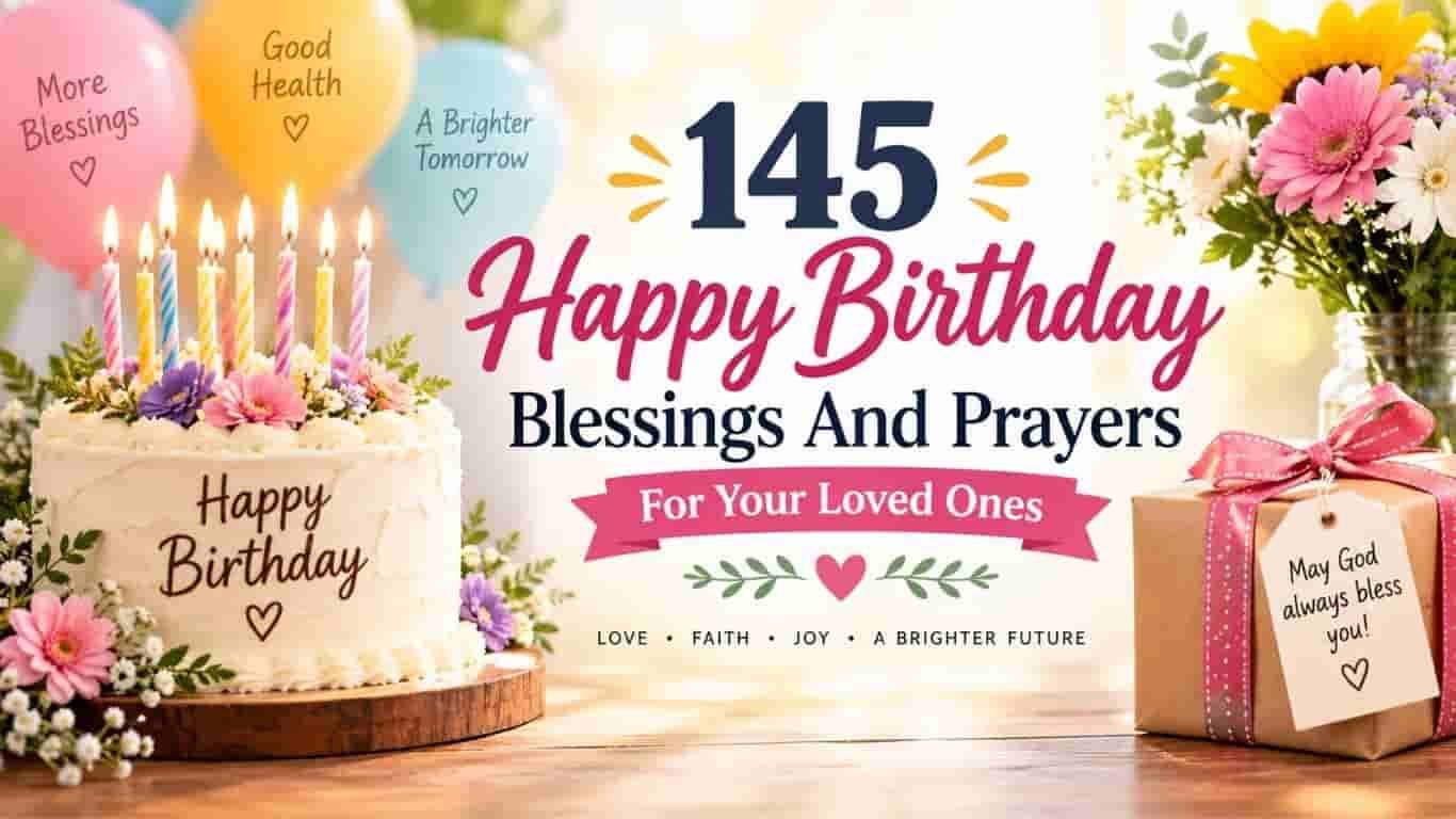 145 Happy Birthday Blessings and Prayers for Your Loved Ones with a birthday cake, colorful candles, flowers, balloons, and a gift decorated with a blessing message.