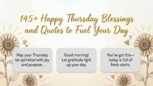 Happy Thursday blessings image with sunflower illustrations and inspirational quotes, featuring messages about joy, gratitude, purpose, and fresh starts on a soft beige background.