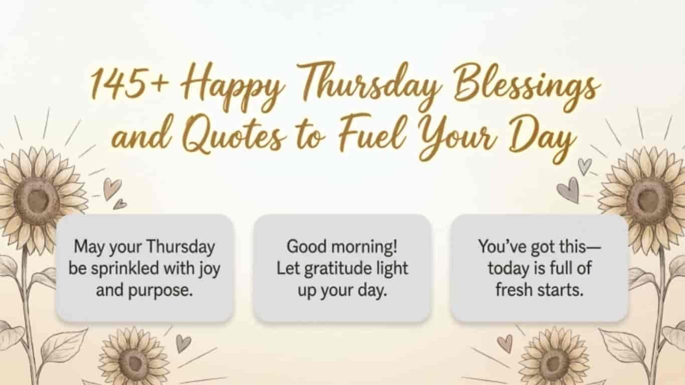 Happy Thursday blessings image with sunflower illustrations and inspirational quotes, featuring messages about joy, gratitude, purpose, and fresh starts on a soft beige background.