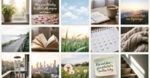 15 beautiful Monday blessings images with uplifting quotes, peaceful nature scenes, books, coffee, flowers, and inspiring messages for a positive start to the week.