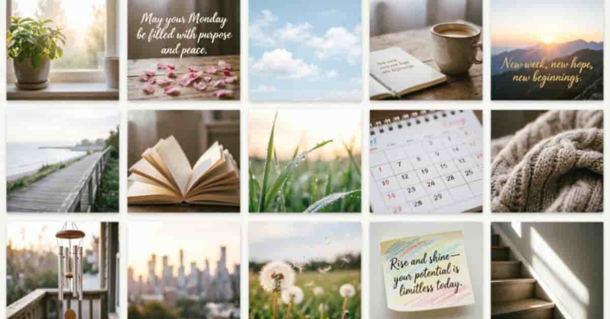 15 beautiful Monday blessings images with uplifting quotes, peaceful nature scenes, books, coffee, flowers, and inspiring messages for a positive start to the week.