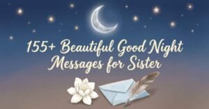 Beautiful good night messages for sister banner featuring a glowing crescent moon, twinkling stars, white flower, envelope, feather pen, and the text '155+ Beautiful Good Night Messages for Sister' on a peaceful night sky background.