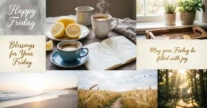Happy Friday blessings collage featuring coffee, lemons, an open journal, peaceful nature views, and the message “May your Friday be filled with joy.