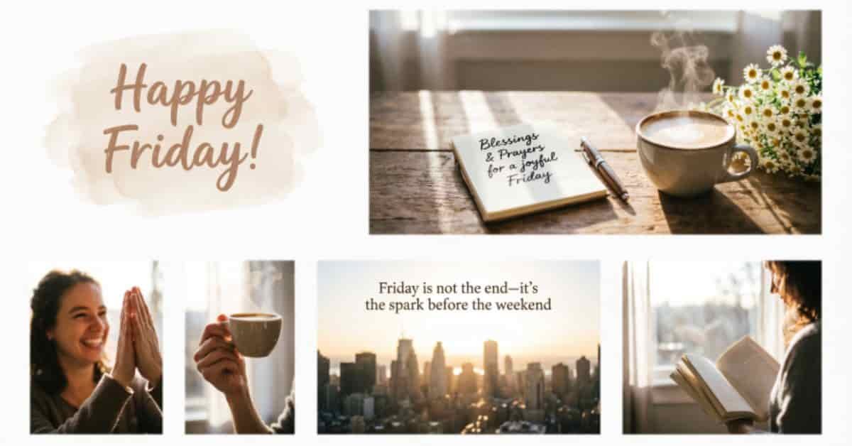 Happy Friday blessings, prayers, and greetings with a peaceful morning coffee, prayer, flowers, and inspirational Friday message.