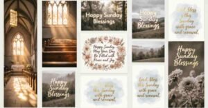 Collage of Happy Sunday blessings images featuring a church interior, peaceful landscapes, flowers, and inspirational Sunday blessing quotes.