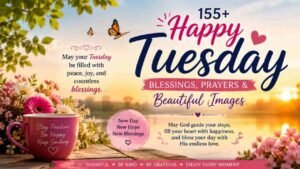 155+ Happy Tuesday blessings, prayers and beautiful images with a peaceful sunrise, colorful flowers, butterflies, and a cheerful pink mug, featuring uplifting Tuesday messages and blessings.