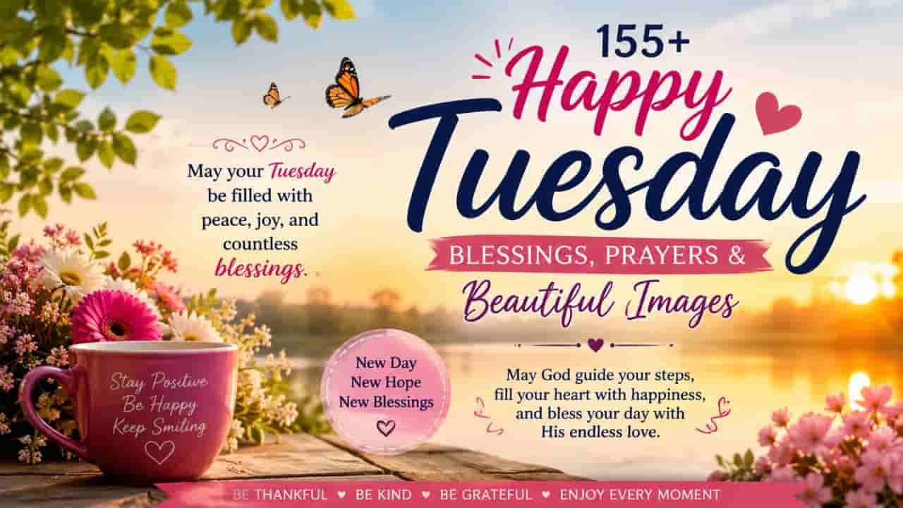 155+ Happy Tuesday blessings, prayers and beautiful images with a peaceful sunrise, colorful flowers, butterflies, and a cheerful pink mug, featuring uplifting Tuesday messages and blessings.