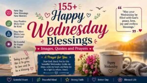 155+ Happy Wednesday Blessings images, quotes and prayers with a peaceful sunrise, flowers, coffee cup, and uplifting Wednesday blessing message.