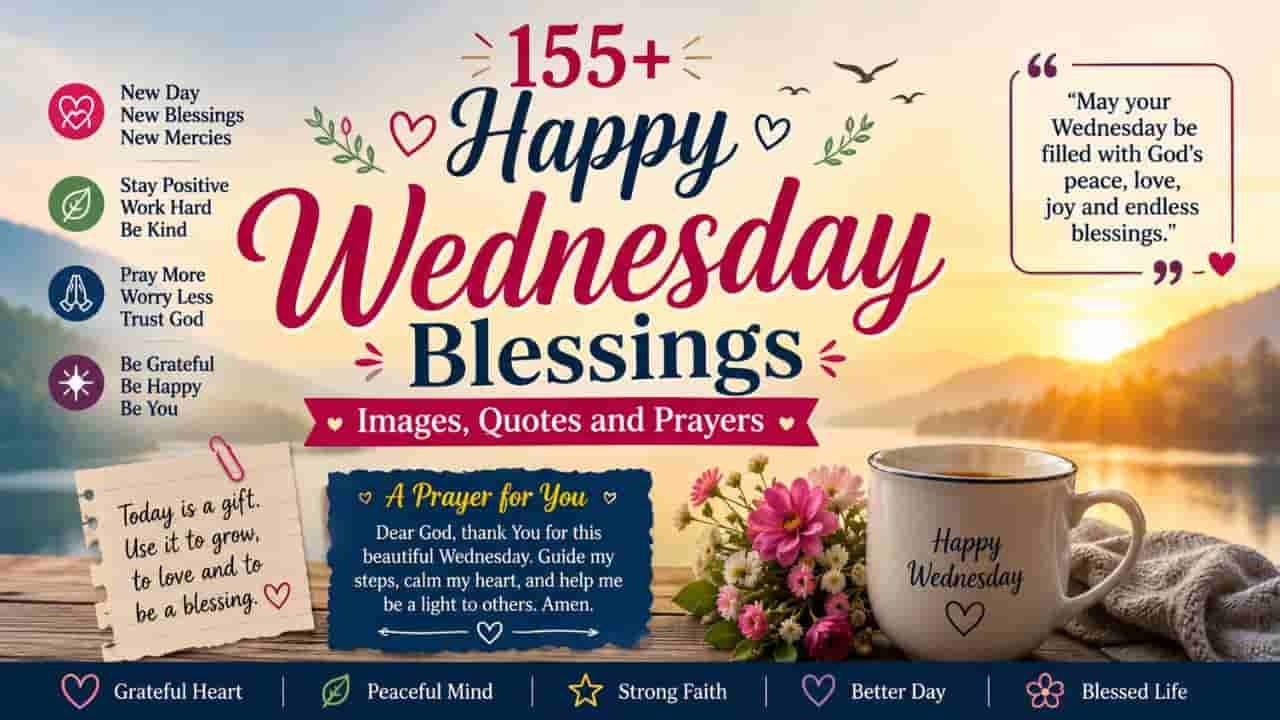 155+ Happy Wednesday Blessings images, quotes and prayers with a peaceful sunrise, flowers, coffee cup, and uplifting Wednesday blessing message.