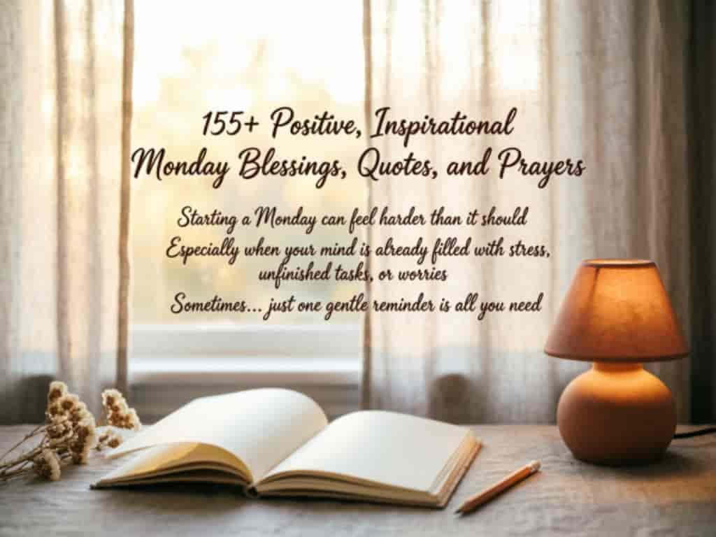 An open notebook on a desk with a lamp, window curtains in the background, and text about positive, inspirational Monday blessings, quotes, and prayers