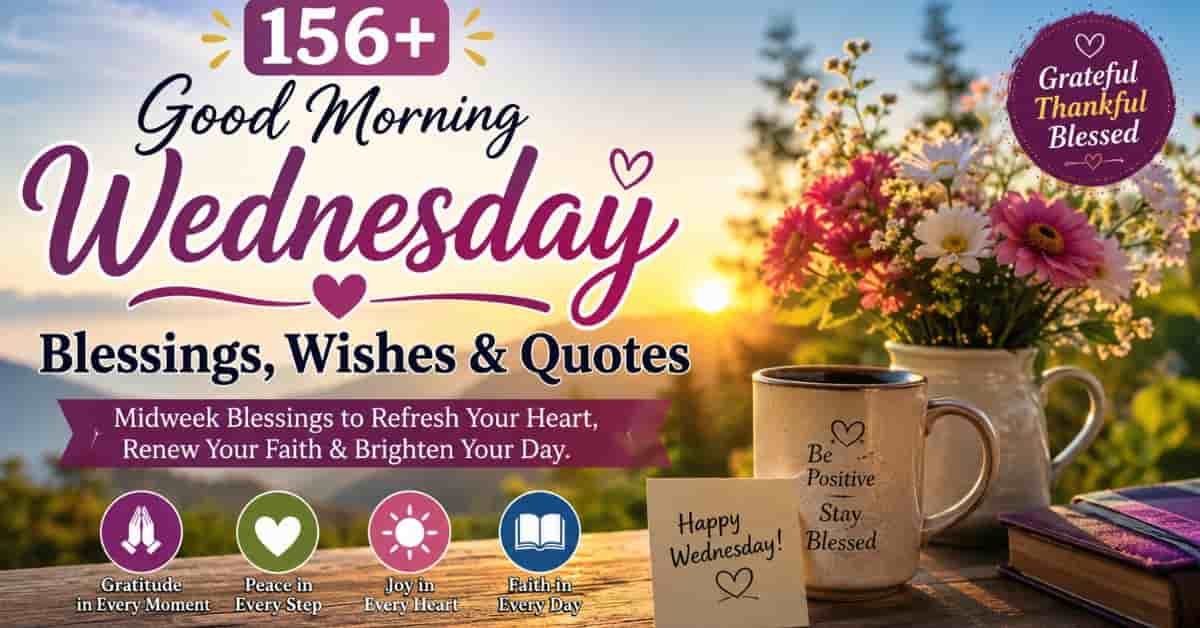 Good Morning Wednesday blessings, wishes, and quotes with coffee cup, flowers, and morning sunrise scenery
