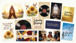 "Saturday Blessings ke liye collage jis mein prayerful hands, surajmukhi ke phool, aur vinyl records shaamil hain.