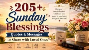 205+ Sunday Blessings Quotes & Messages to Share with Loved Ones, featuring a peaceful sunrise, flowers, Bible, blessed coffee mug, and a heartfelt Sunday blessing message.