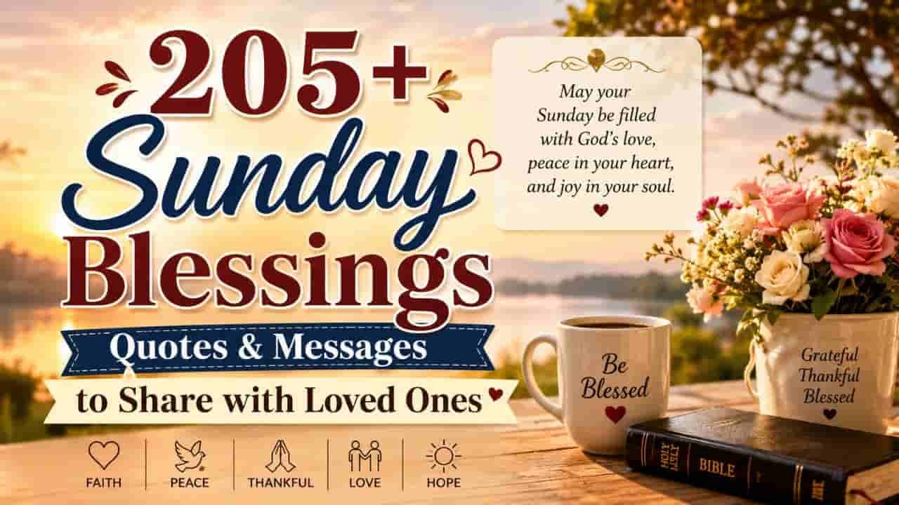 205+ Sunday Blessings Quotes & Messages to Share with Loved Ones, featuring a peaceful sunrise, flowers, Bible, blessed coffee mug, and a heartfelt Sunday blessing message.