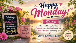 Happy Monday blessings graphic with a peaceful sunrise over a lake, colorful flowers, a pink coffee mug, and inspirational messages about gratitude, peace, joy, God’s favor, and new beginnings.