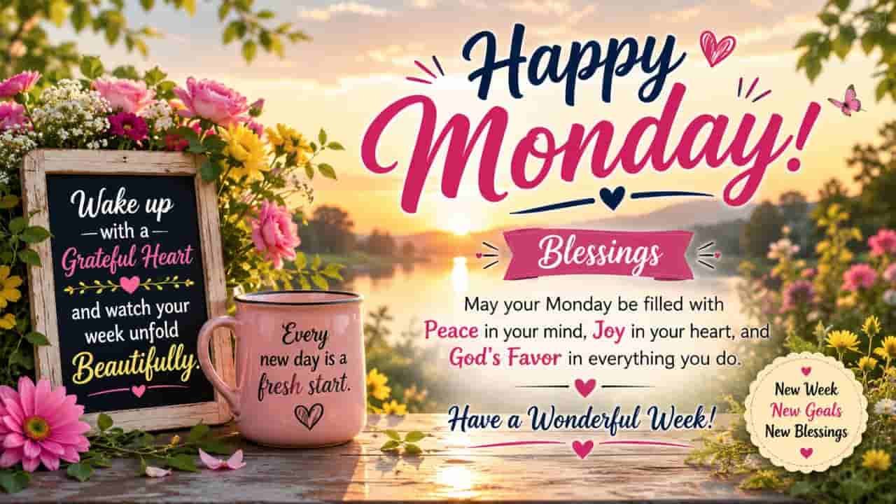 Happy Monday blessings graphic with a peaceful sunrise over a lake, colorful flowers, a pink coffee mug, and inspirational messages about gratitude, peace, joy, God’s favor, and new beginnings.