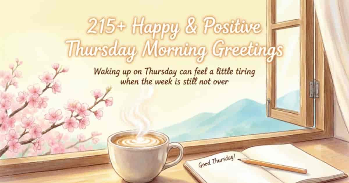 Happy and positive Thursday morning greetings with a warm cup of coffee by an open window, blooming pink flowers, and a peaceful mountain view.