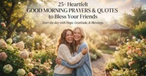 25 Heartfelt Good Morning Prayers & Quotes to Bless Your Friends, featuring two friends embracing in a beautiful flower garden.