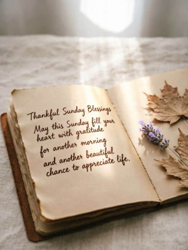 Thankful Sunday blessings quote written in an open vintage notebook.