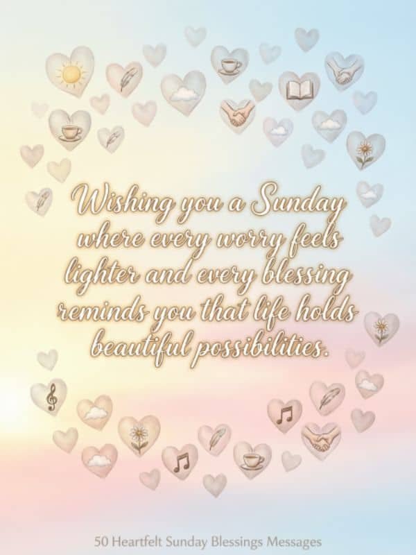 Sunday blessings message surrounded by floating hearts with various symbols.