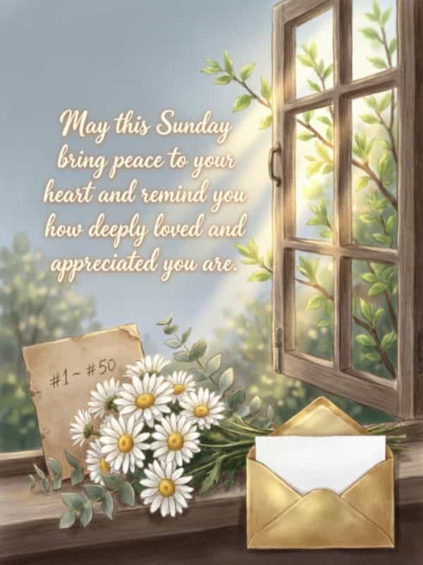 Sunday blessings message with daisy flowers, an open envelope, and a sunny window.