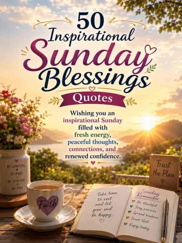 50 Inspirational Sunday Blessings Quotes with a peaceful sunrise, beautiful flowers, faith-inspired setting, and a message wishing fresh energy, peaceful thoughts, meaningful connections, and renewed confidence.