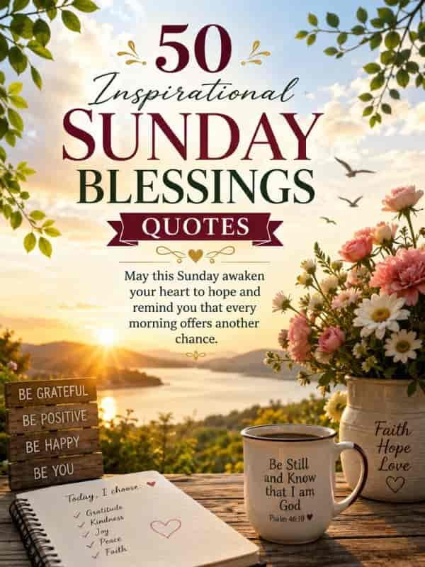 50 Inspirational Sunday Blessings Quotes featuring a peaceful sunrise, blooming flowers, and a message of hope: “May this Sunday awaken your heart to hope and remind you that every morning offers another chance.
