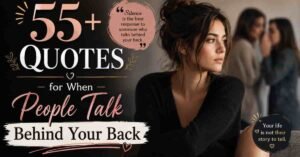 55+ quotes for when people talk behind your back featuring a thoughtful woman looking away while two people gossip in the background, symbolizing betrayal, rumors, and staying strong with inspirational messages about silence and self-worth.