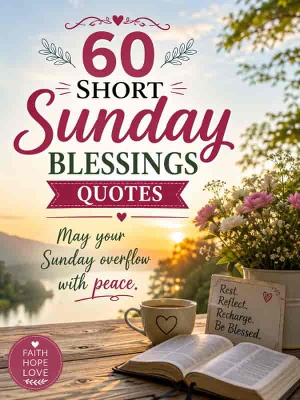 60 Short Sunday Blessings Quotes featuring the message “May your Sunday overflow with peace,” with a peaceful sunrise, open Bible, coffee cup, flowers, and serene lakeside background.