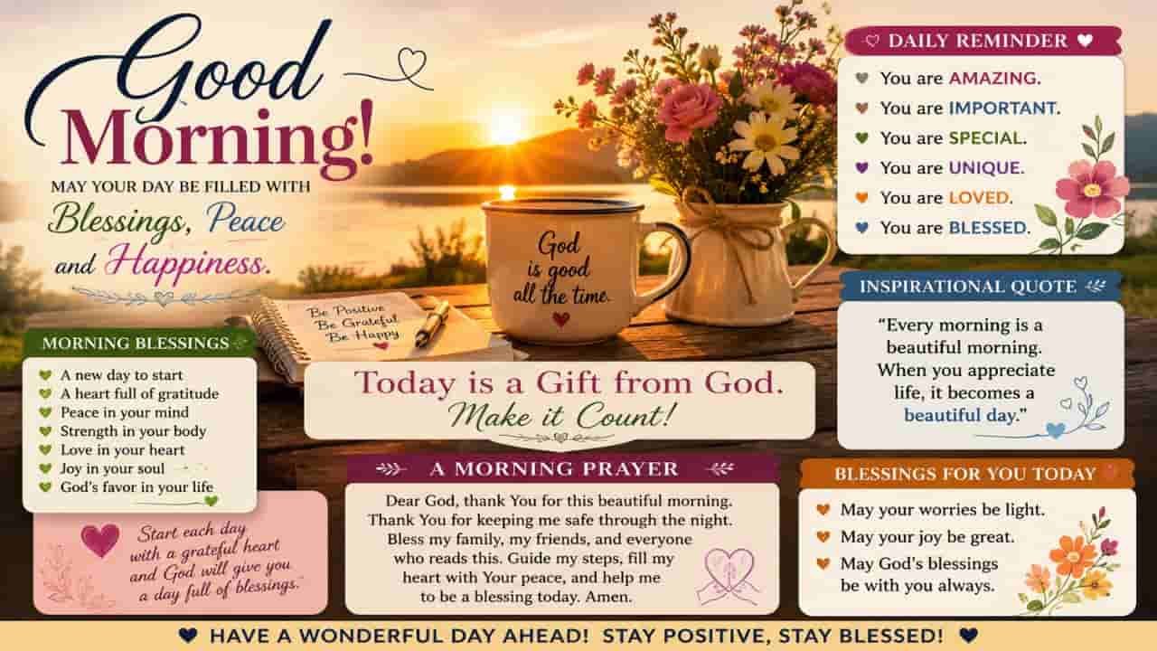 Good Morning blessings, inspirational quotes, prayers, and positive affirmations with a beautiful sunrise