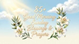 Good morning Sunday blessings and prayers text with white lilies and olive branches on a soft sky background