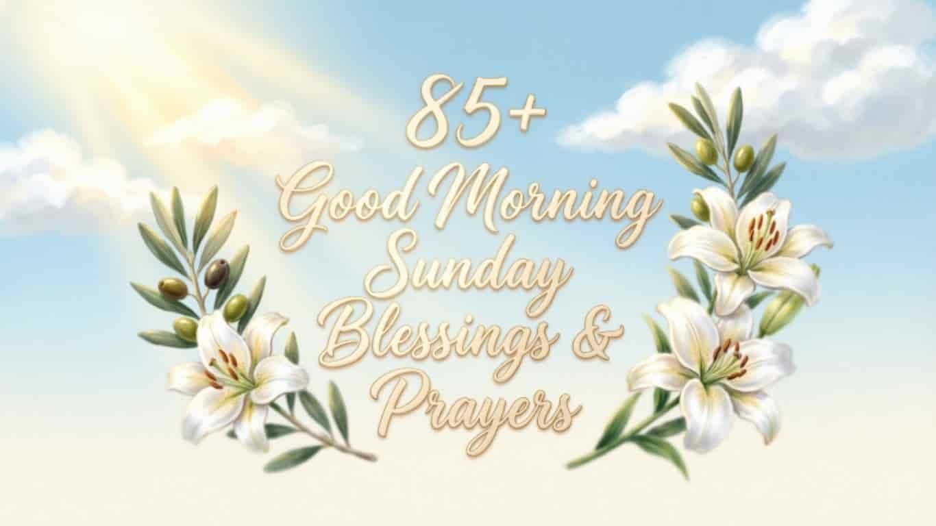 Good morning Sunday blessings and prayers text with white lilies and olive branches on a soft sky background