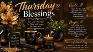African American Thursday blessings with inspirational quotes, prayers, and a peaceful message for friends, featuring elegant gold flowers, candles, greenery, and a warm coffee cup.