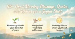 95+ Good Morning Blessings, Quotes, and Wishes for a Joyful Start with uplifting messages, a sunrise, mountains, and cheerful nature illustrations.