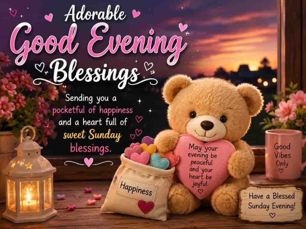 Adorable Good Evening Blessings image featuring a cute teddy bear with a heart and sunset background