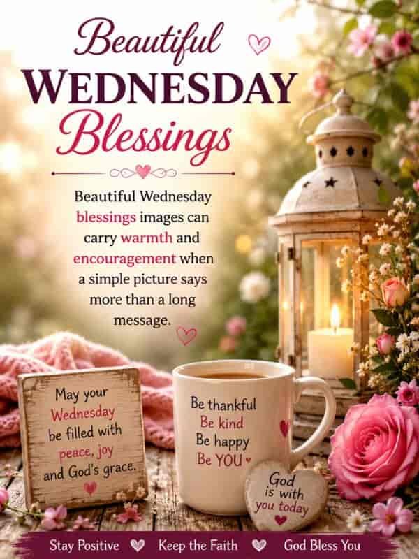 Beautiful Wednesday blessings image with pink roses, a glowing lantern, coffee mug, and inspirational messages about peace, encouragement, gratitude, faith, and God’s blessings.