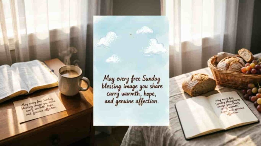 Free Sunday blessings image featuring an open Bible, warm cup of coffee, fresh bread, grapes, and a heartfelt Sunday blessing message about warmth, hope, and affection.