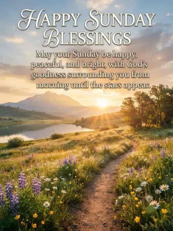 A peaceful sunrise landscape featuring a winding dirt path through a meadow of blooming wildflowers and tall grass, leading toward a calm lake and distant mountains under a bright, cloudy sky, with the text "HAPPY SUNDAY BLESSINGS" and "May your Sunday be happy, peaceful, and bright, with God's goodness surrounding you from morning until the stars appear" overlaid at the top.