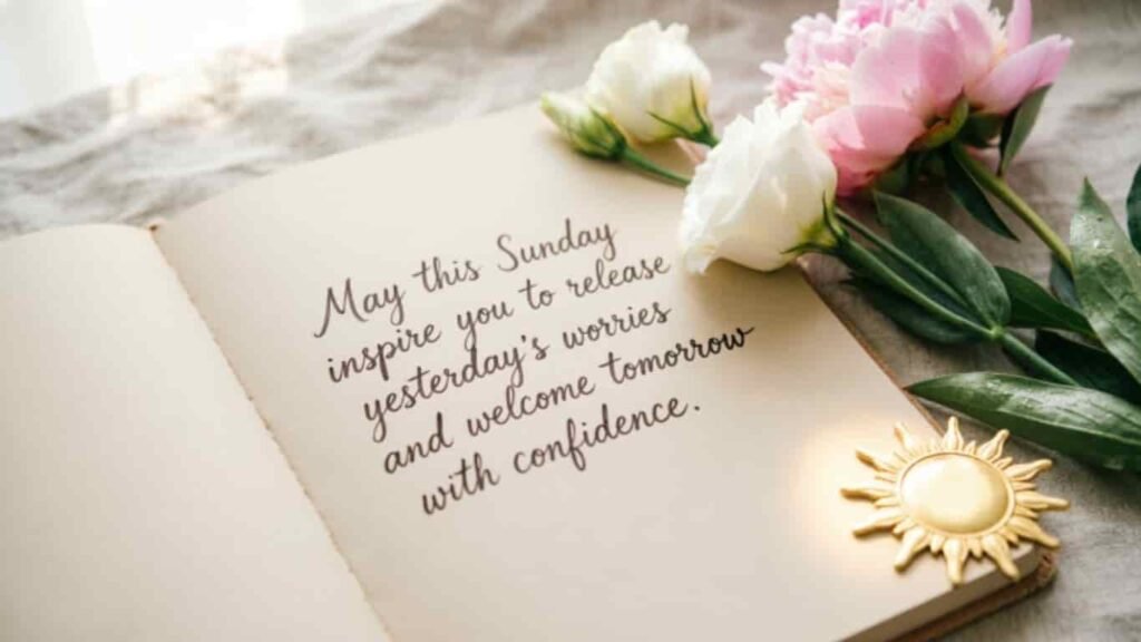 Inspirational Sunday blessings open notebook with positive quote, white and pink flowers, and a sun charm
