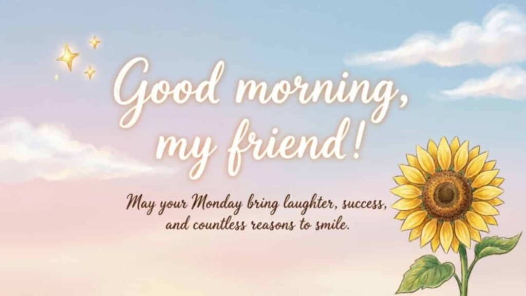 Good morning my friend Monday greeting image with a sunflower, sparkling stars, and a soft blue sky background featuring a blessing quote