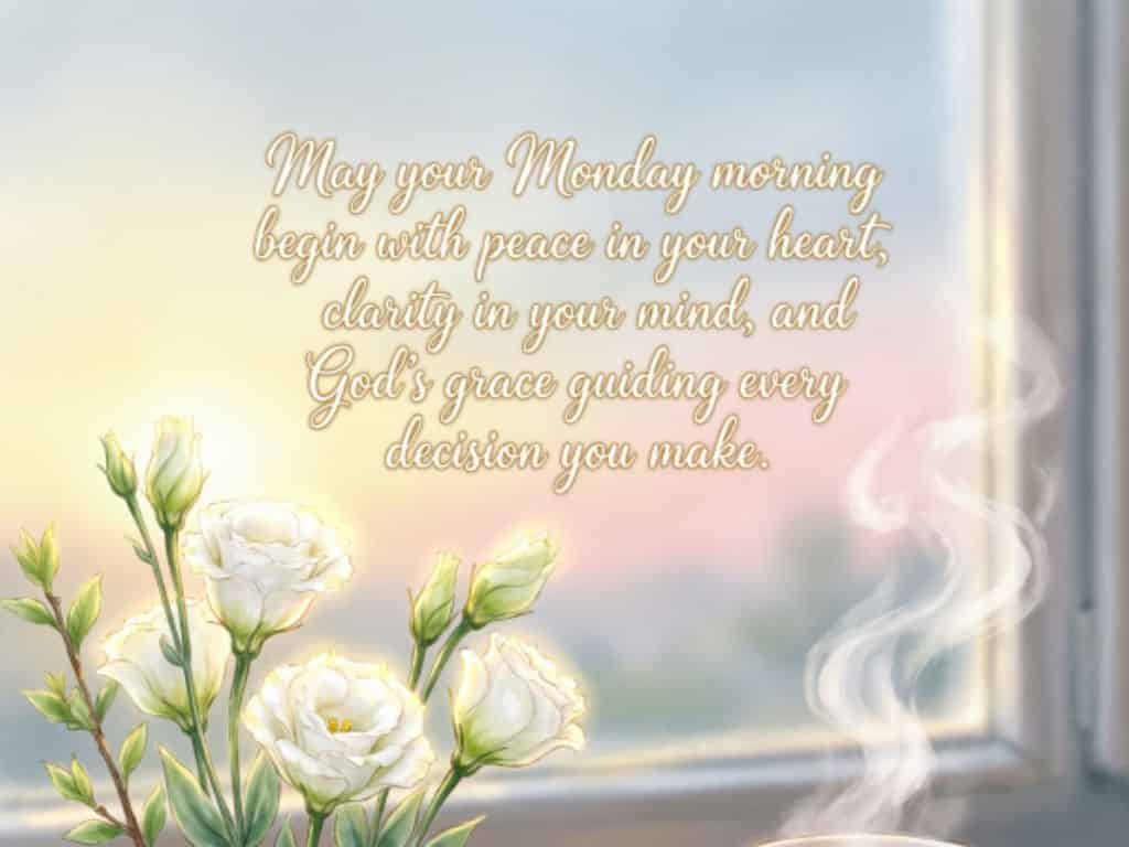 Monday morning blessings quote with white flowers and steaming cup