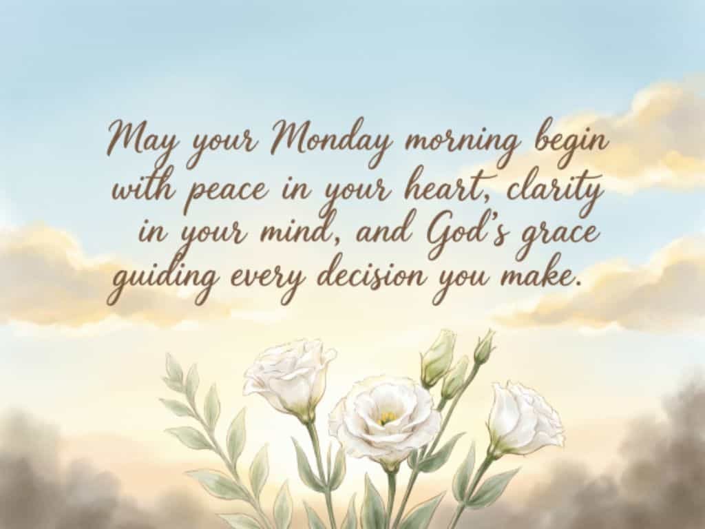 Monday morning blessings quote with white flowers