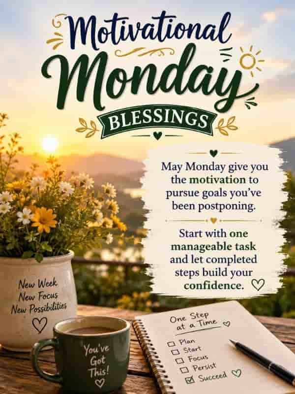 Motivational Monday blessings with a sunrise, flowers, coffee mug, notebook, and an inspiring message about pursuing postponed goals, taking manageable steps, and building confidence.